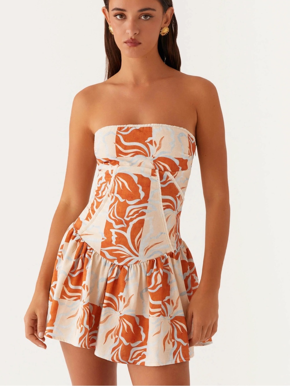 Peppermayo Larnie Linen Mini Dress in Orange Blue Floral size S